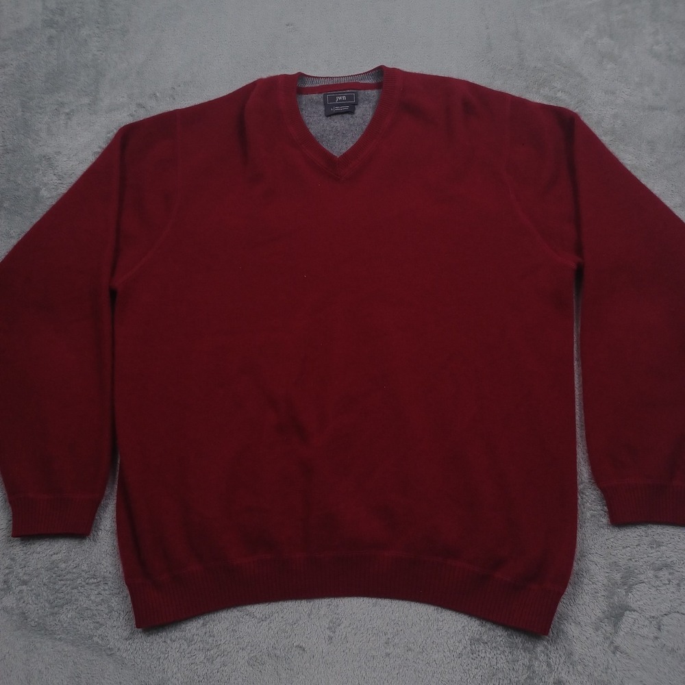 JWN Sweater Mens Large Red Cashmere V Neck‎ Pullover Long Sleeve